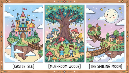 Obraz premium Set of three whimsical fantasy landscape illustrations featuring a floating castle, a magical mushroom forest with children, and a dreamy village under a smiling moon in a storybook art style