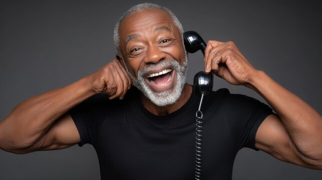Smiling African American Senior Man Laughing While Holding a Vintage Rotary Telephone to His Ear