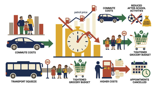 Infographic showing the economic impact of rising petrol prices on family budgets. EPS Editable