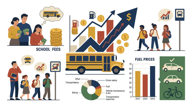 Infographic showing rising school fees and fuel prices impacting student transportation costs. EPS Editable
