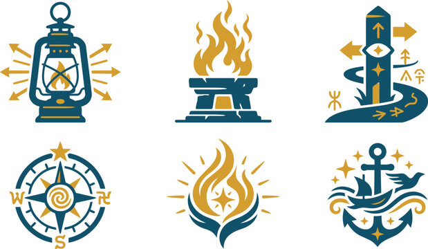 Spiritual guidance icons set featuring navigation symbols and wayfinding markers in teal gold