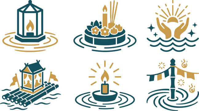 Thai Loy Krathong Festival Icon Set Featuring Floating Lanterns and Traditional Krathong Baskets