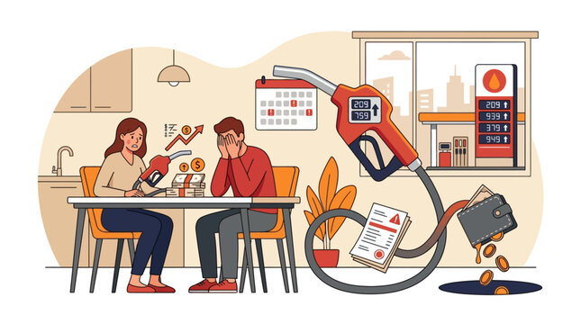 Stressed couple managing budget due to rising fuel prices and inflation. EPS Editable
