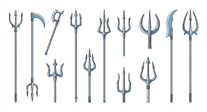 Extensive collection of various stylized trident and polearm weapon designs suitable for fantasy games and mythological illustrations.