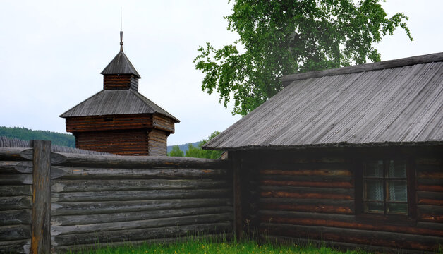 Historical and architectural monuments of the peoples of Eastern Siberia from the 17th to 20th centuries. Panorama of the ancient wooden building of the fortress