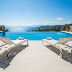 Fototapeta premium Luxury Mediterranean Infinity Pool with Designer Lounge Chairs and Copy Space