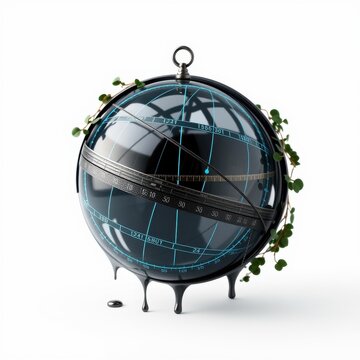 Dark globe dripping liquid. Vines surround metal structure. Bright lines indicate coordinates, time zones. Minimalist studio shot.