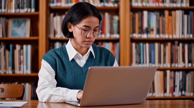 Focused female student researches information using a laptop in a classic library