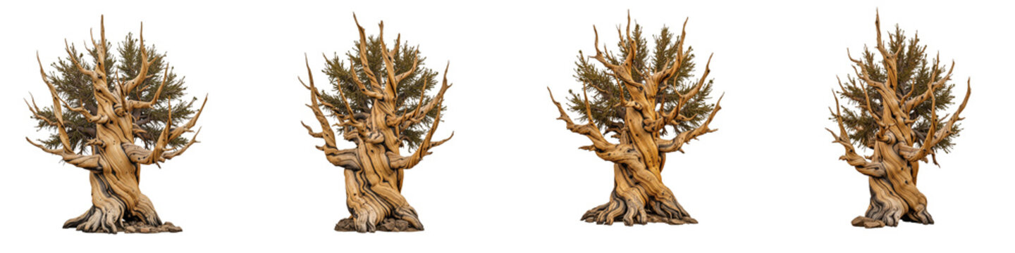 Four ancient bristlecone pine trees isolated on a black background