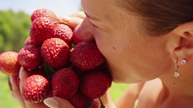 Woman Eating Peeled Lychee Directly From a Branch in Bright Sunlight, Enjoying Fresh Tropical Fruit During Harvest Season