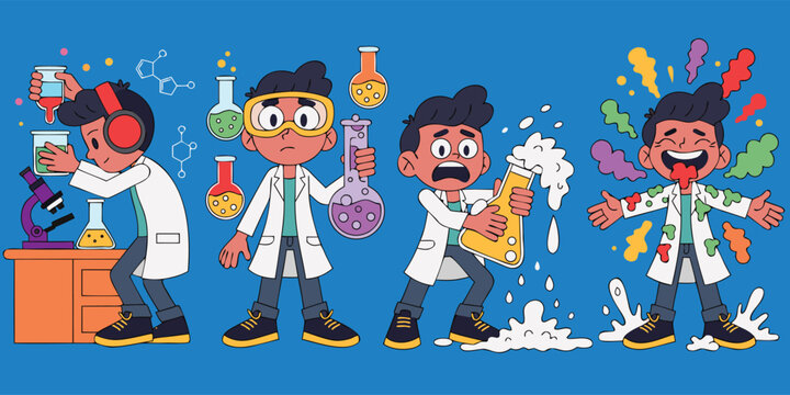 Four children in lab coats conduct science experiments with microscopes and colorful liquids causing explosions