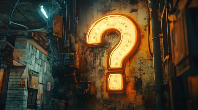 Glowing Question Mark Neon Sign in Urban Alley