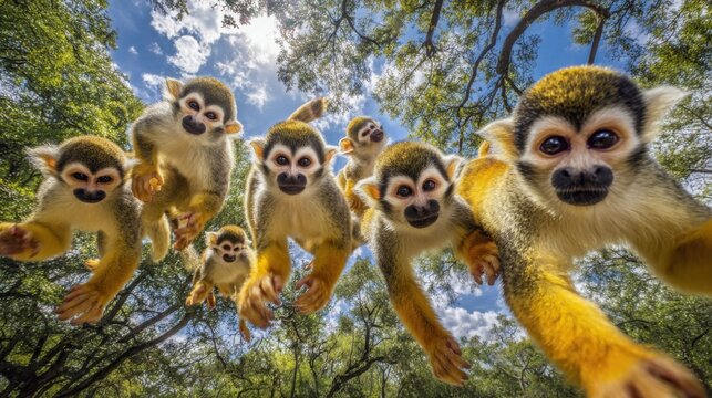 Playful group of squirrel monkeys swinging acrobatically through sunlit forest branches