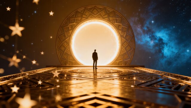 Person standing before a glowing portal