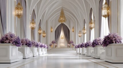 Fototapeta premium Elegant White Cathedral Hallway with Purple Floral Arrangements and Golden Chandeliers