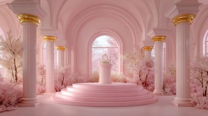 Naklejka premium Ethereal pink palace interior with blooming trees, ornate columns, and a central tiered platform