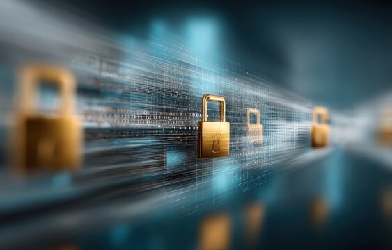 Digital security concept with golden padlocks and glowing binary code data stream