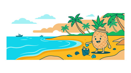 Obraz premium Happy Pineapple Character Collecting Shells on Tropical Beach Vacation