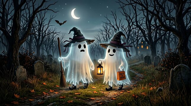 Two cute ghosts in witch hats trick or treating at night illustration