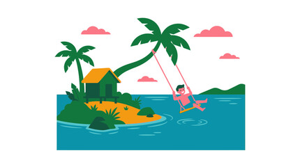 Obraz premium Man swinging on a tropical island paradise with palm trees and hut