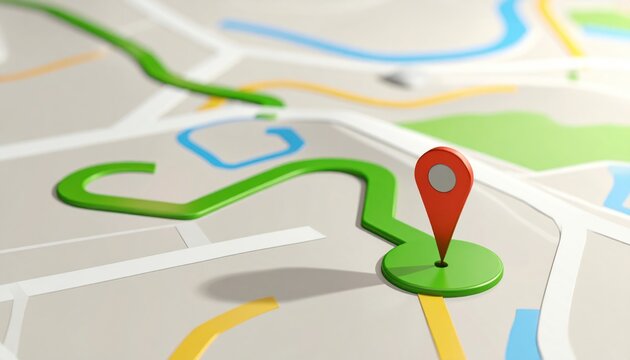 Navigation map with pin marker, route planning, destination search, GPS concept