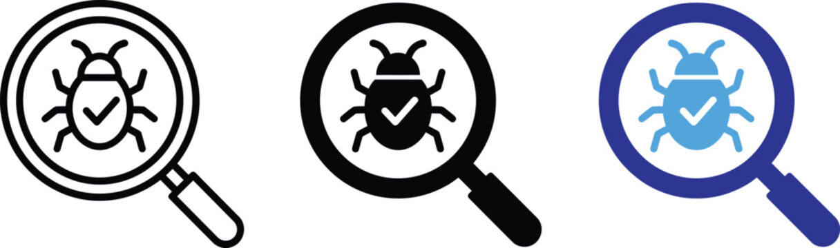 Bug Search Magnifying Glass Icon Set Vector Illustration Line Fill Color