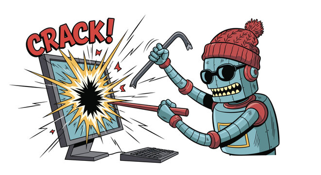 Blue robot wearing sunglasses and a red beanie smashing a computer monitor with a crowbar in a destructive hacking metaphor.