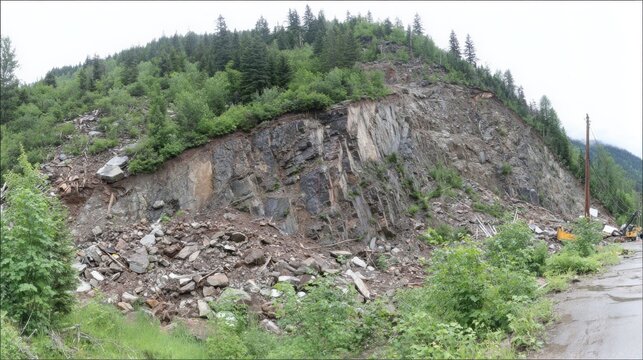 Massive rockslide and debris field scarring a heavily wooded mountainside after recent geological event