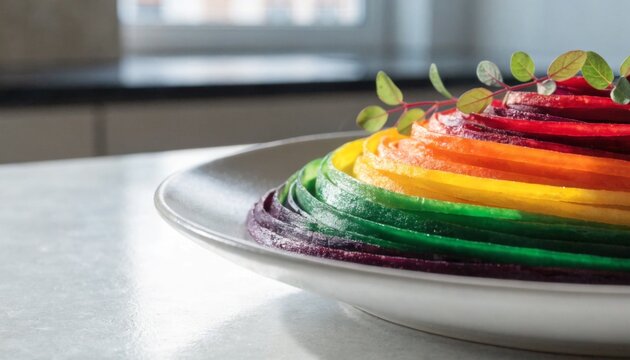 Close up of rainbow colored vegetable spiral salad on a white plate