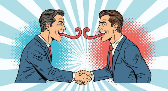 Two identical businessmen in blue suits shaking hands while sticking out their long curled tongues in a bizarre surreal encounter.