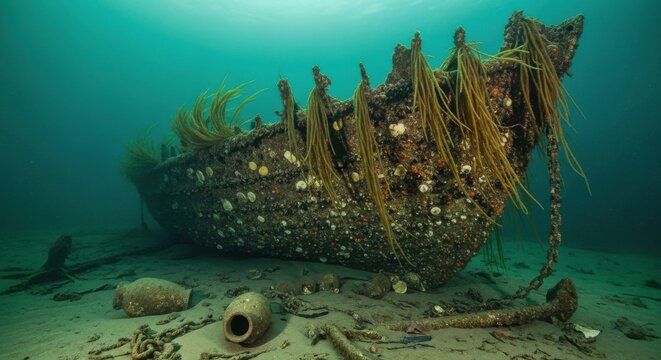 Sunken Ship Hull Encusted with Marine Life on Seabed