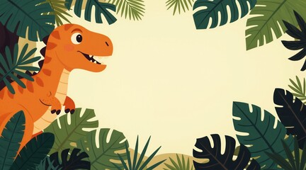 Obraz premium Orange cartoon dinosaur peeks from jungle leaves. Bright illustration with empty space for text, perfect for kids content and fun invitations. Playful dino art.