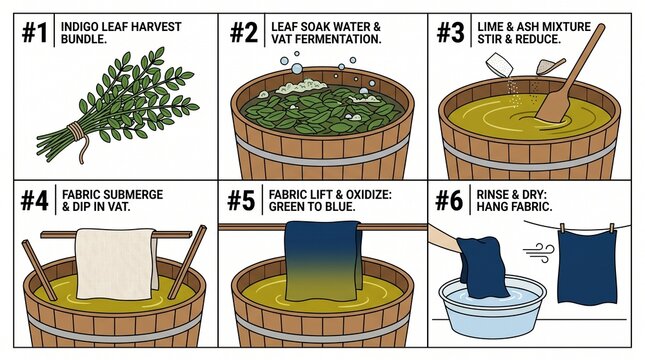Traditional Indigo Dye Vat Fermentation Process Step Diagram Illustration