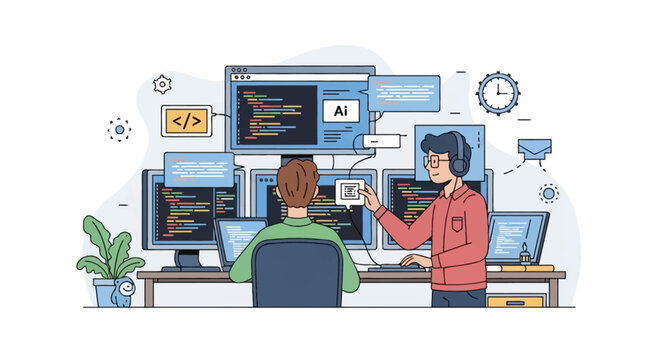 Two male developers at workstation with multiple monitors showing code and AI icons, flat line vector illustration style on white background.