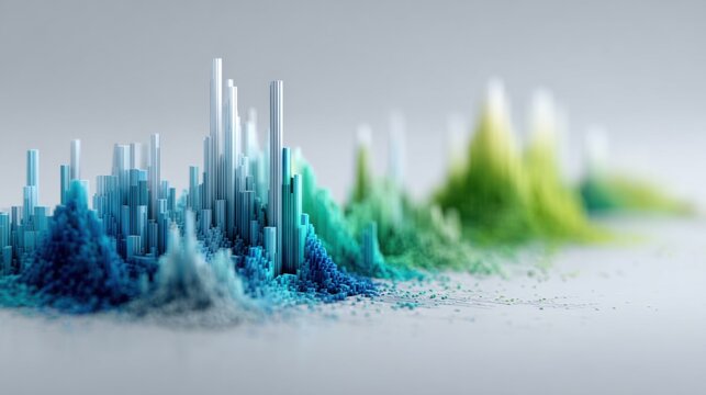 Abstract 3D data visualization with colorful crystalline structures and flowing gradients on a clean background