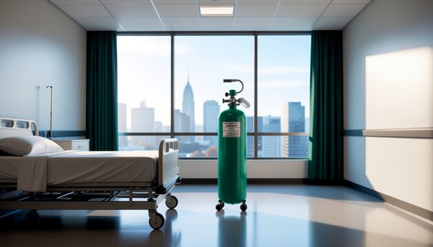 Hospital room with oxygen tank next to empty bed by city window