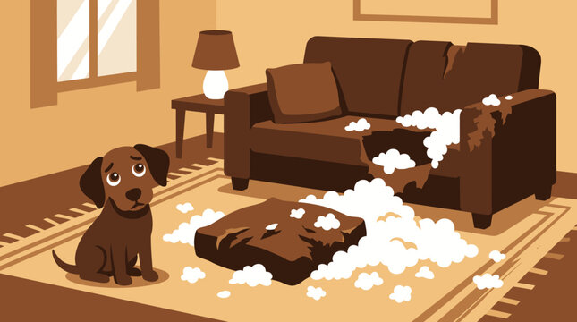 Guilty puppy sitting near destroyed brown sofa with foam stuffing mess vector illustration