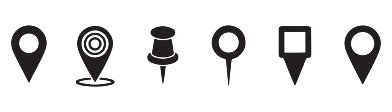 Black location pin vector icons set map pointer destination symbol and office pushpin navigation asset