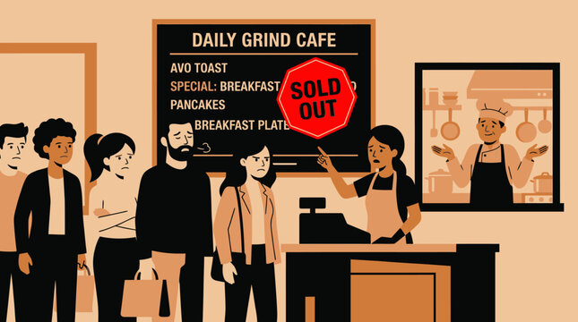 Illustration of frustrated customers in a cafe queue facing a sold out breakfast sign on the menu board.