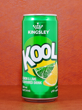 KINGSLEY brand Kool lemon lime carbonated drink can isolated on brown background close-up view, Commercial shot
