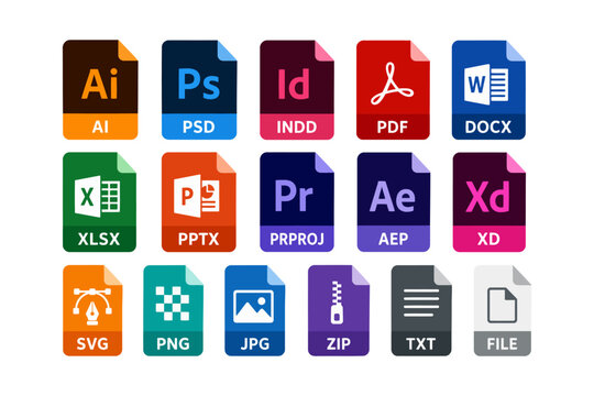 Set of colorful file format icons and document extensions