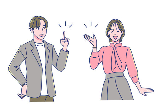 笑顔で説明する会社員男女