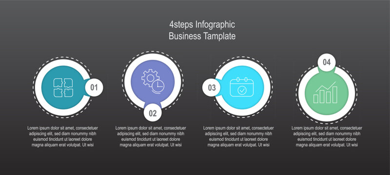 modern 4 steps business infographic template with colorful circular elements, numbered stages, and clean icons for workflow visualization, project planning, timeline presentation, and growth strategy.
