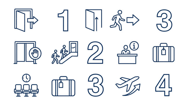 Vector Icons Airport navigation and travel line icons set featuring departure gates luggage and terminal signs. EPS Editable