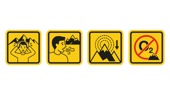 Vector Icons Altitude sickness warning icons showing hypoxia symptoms and low oxygen levels in mountains. EPS Editable