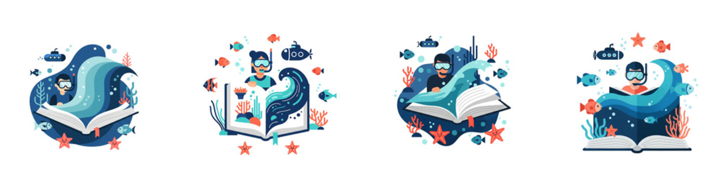 Four illustrations of people snorkeling and reading magic ocean books