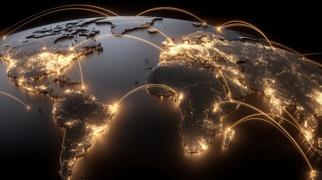Global network of illuminated cities and continents connected by light lines representing data and communication