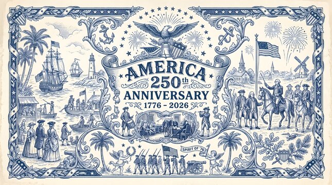 Vintage Engraving of America 250th Anniversary Historical Collage