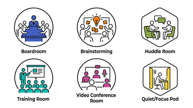 Vector Icons Business office meeting rooms and workspace zones line icons set. EPS Editable