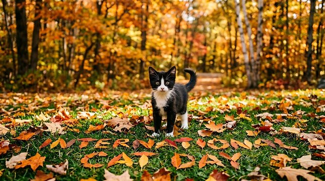 Adorable black and white kitten standing among colorful autumn leaves in a vibrant forest scene